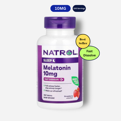 The front image of natrol melatonin fast dissolve 10mg strawberry 100 tablets
