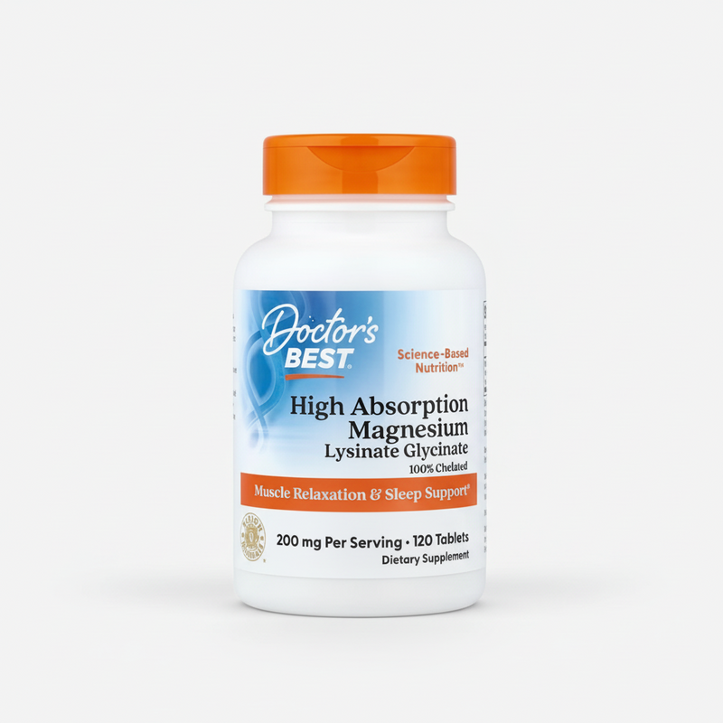 Doctor's Best High Absorption Magnesium Lysinate Glycinate dietary supplement bottle with an orange cap and white label, containing 120 tablets.