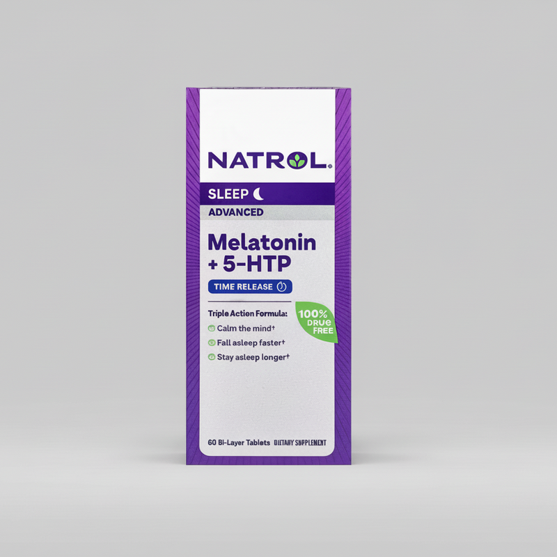 NATROL Melatonin +5-HTP 6mg supplement bottle with label front view display