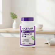 Natrol Melatonin 5mg supplement bottle with purple cap and label on a white background