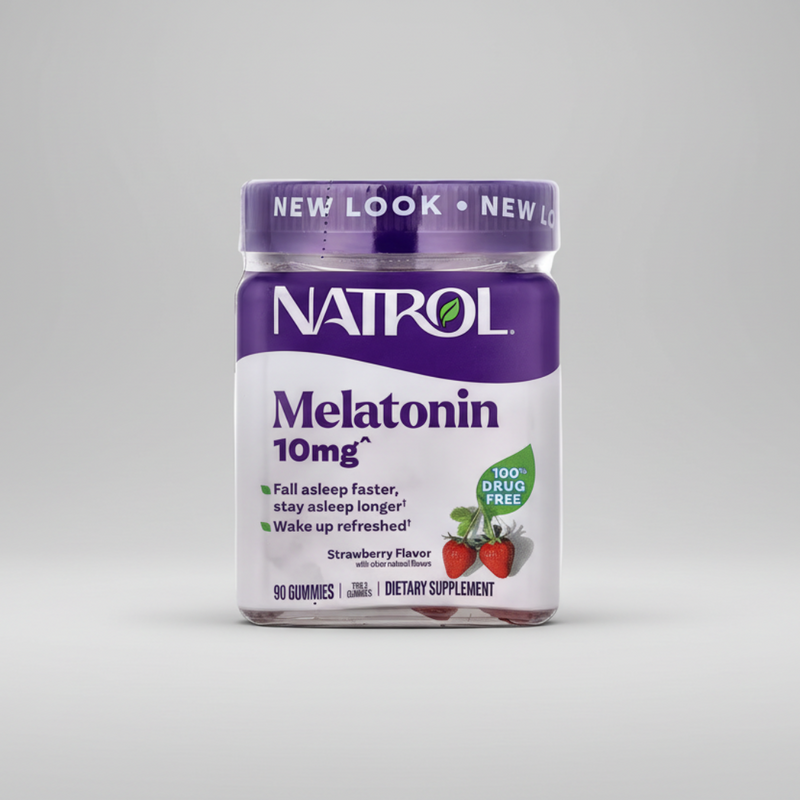NATROL Melatonin 10mg gummy supplement jar with purple lid on a white background