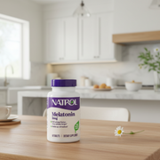 Person taking Natrol Melatonin 3mg tablet at bedtime for natural sleep support