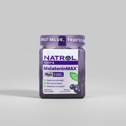 Natrol Melatonin MAX gummy supplement jar with purple lid on a white background