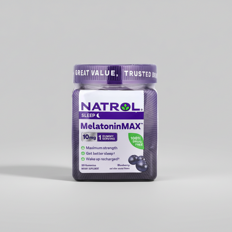 Natrol Melatonin MAX gummy supplement jar with purple lid on a white background