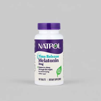 Natrol Time Release Melatonin supplement bottle on a white background