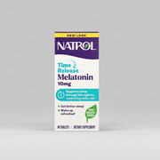Box of Natrol Time Release Melatonin 10mg on a gray background