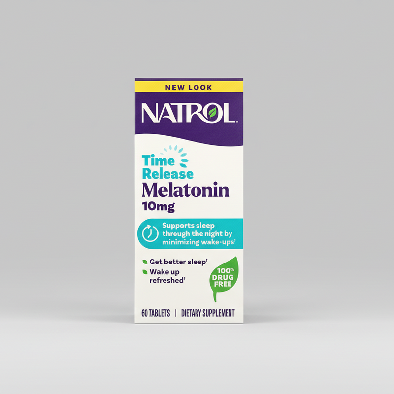 Box of Natrol Time Release Melatonin 10mg on a gray background