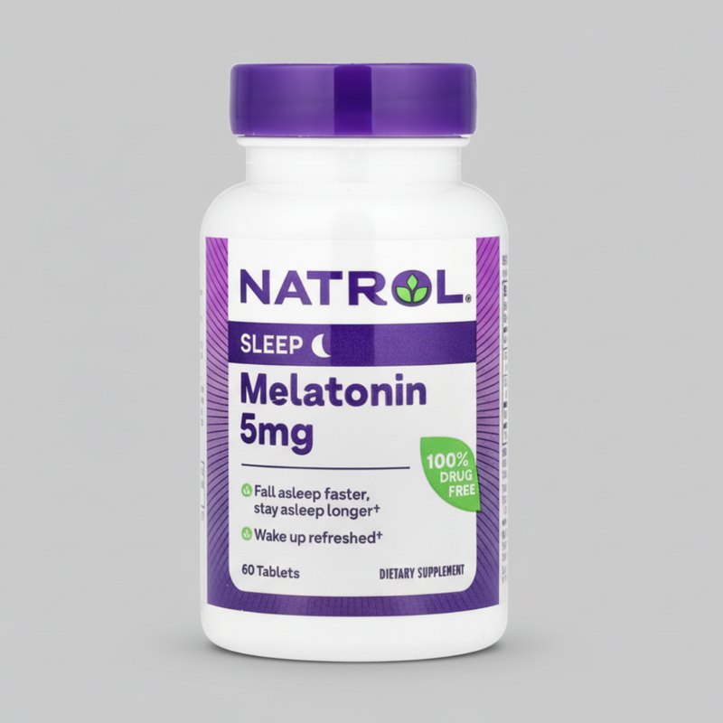 Natrol Melatonin 5mg supplement bottle on a gray background