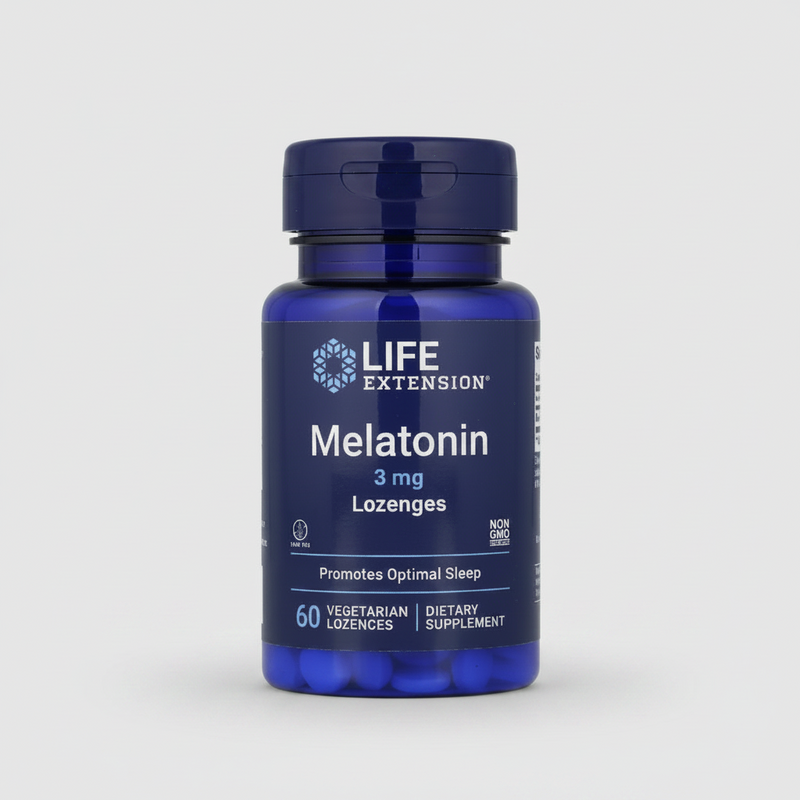 A blue bottle of Life Extension Melatonin 3 mg Lozenges dietary supplement on a plain white background.