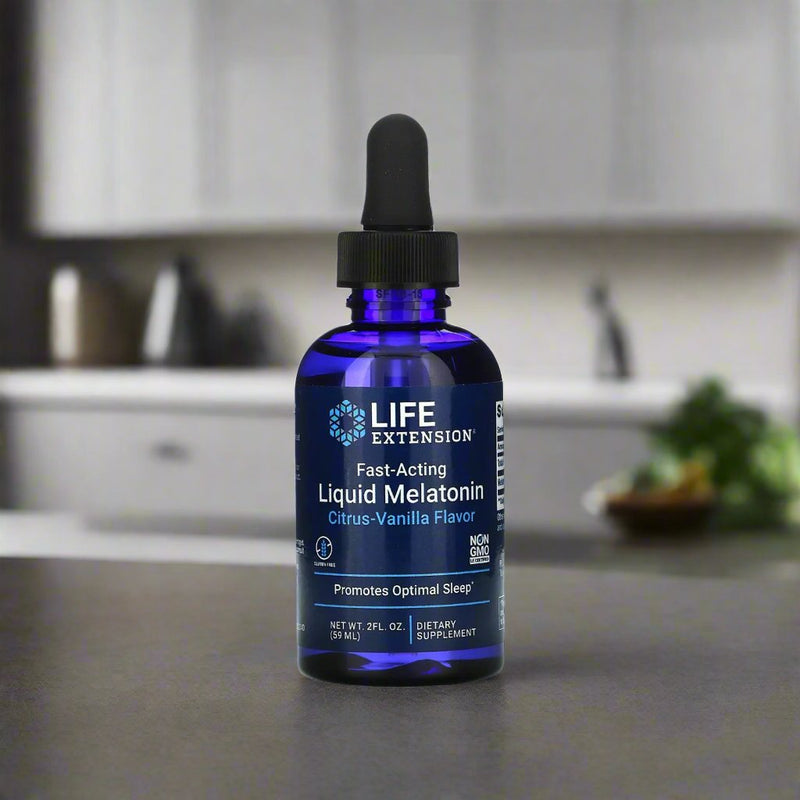 Life Extension Liquid Melatonin 3mg is placing on top of kitchen table