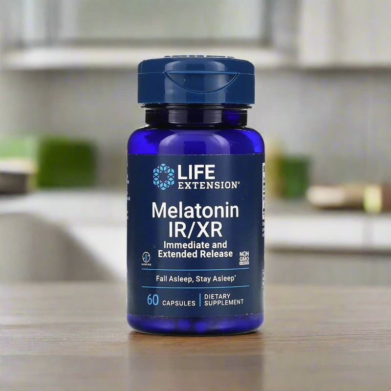 Life Extension Melatonin IR/XR is placing on top of kitchen table