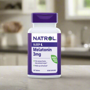 Natrol Melatonin 3mg placing on top of kitchen table