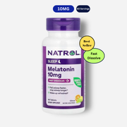 The front image of natrol melatonin fast dissolve 10mg 60 tablets citrus flavour.