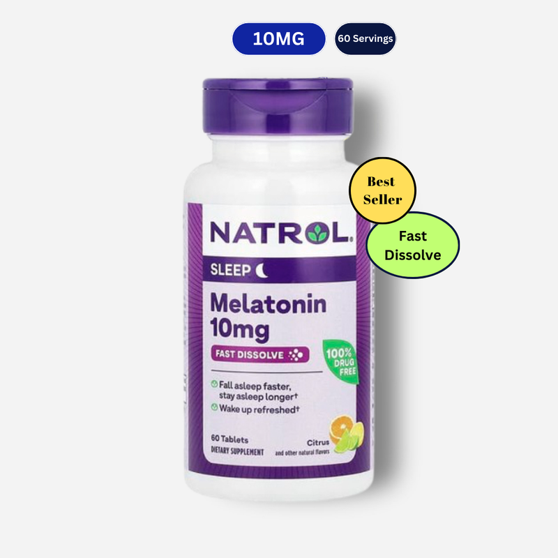 The front image of natrol melatonin fast dissolve 10mg 60 tablets citrus flavour.