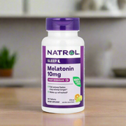 Natrol melatonin fast dissolve 10mg 60 tablets citrus flavour is placing on top of kitchen table