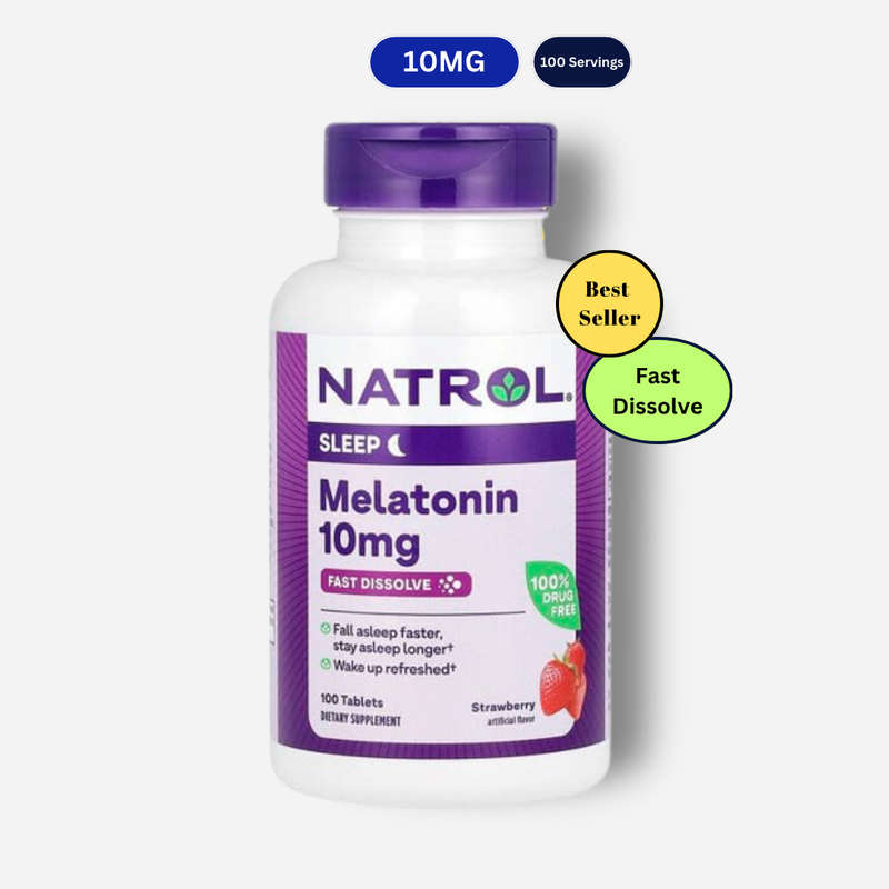 The front image of natrol melatonin fast dissolve 10mg strawberry 100 tablets