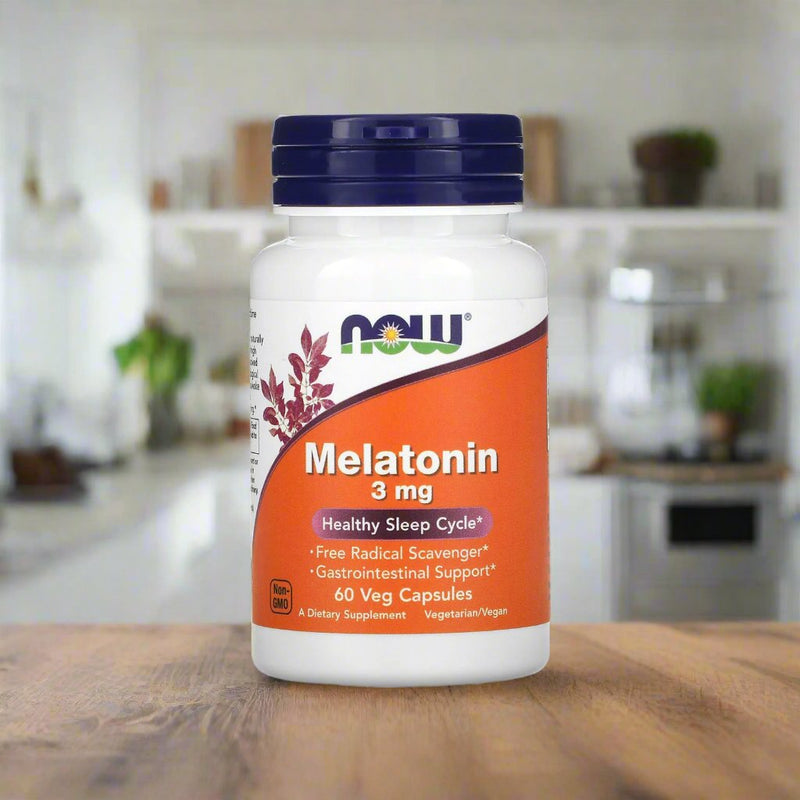 Now Foods Melatonin 3mg is placing on top of a table