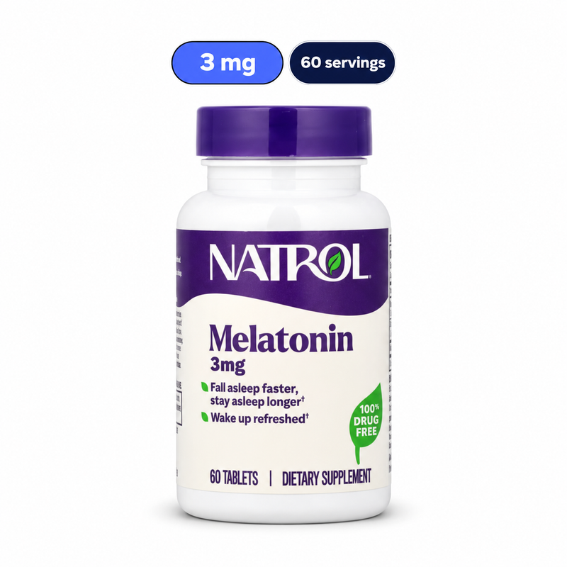 NATROL Melatonin 3mg. White-background product image: 3 mg; 60 servings.