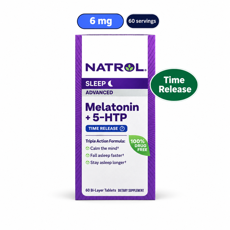 NATROL Melatonin +5-HTP, 6mg Melatonin. White-background product image: 6 mg; 60 servings; Time Release.