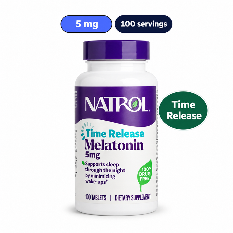 NATROL Melatonin Time Release 5mg. White-background product image: 5 mg; 100 servings; Time Release.