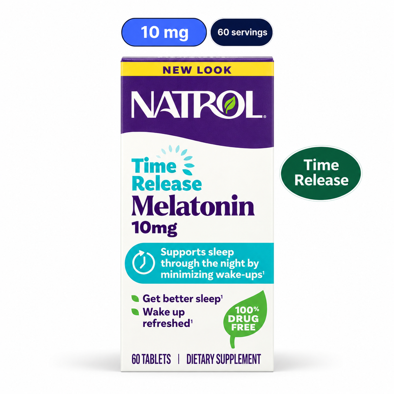 NATROL Melatonin Time Release 10mg 60 Tablets. White-background product image: 10 mg; 60 servings; Time Release.