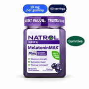 NATROL MelatoninMax Sleep Gummy 10mg Blueberry Flavour. White-background product image: 10 mg per gummy; 50 servings; Gummies.