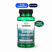 SWANSON Sleep Essentials. White-background product image: 3 mg melatonin; 60 servings; Veggie Capsules.