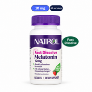 NATROL Melatonin Fast Dissolve 10mg 60 Tablets Strawberry Flavour. White-background product image: 10 mg; 60 servings; Fast Dissolve.