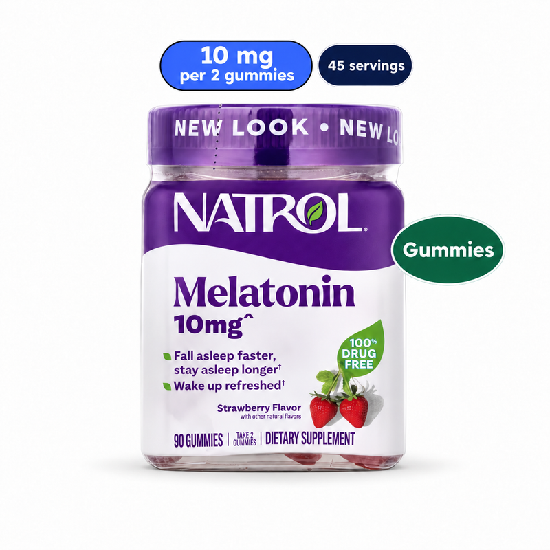 Natrol Melatonin Gummies Strawberry 10mg. White-background product image: 10 mg per 2 gummies; 45 servings; Gummies.