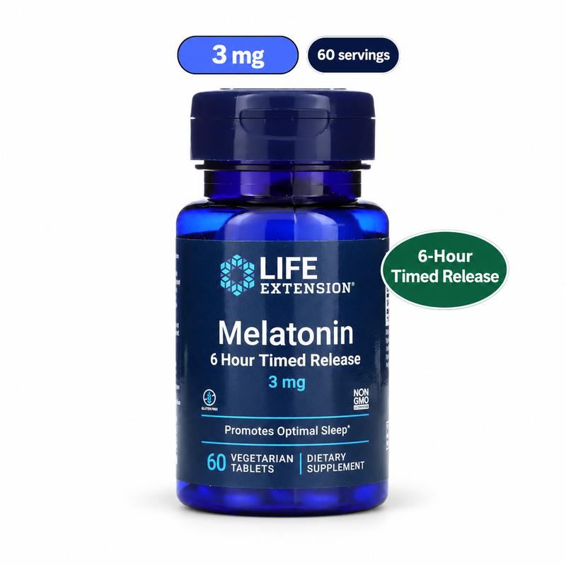 Life Extension Melatonin 6 Hour Timed Release. White-background product image: 3 mg; 60 servings; 6-Hour Timed Release.
