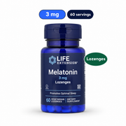 LIFE EXTENSION Melatonin 3mg Lozenges. White-background product image: 3 mg per lozenge; 60 servings; Lozenges.